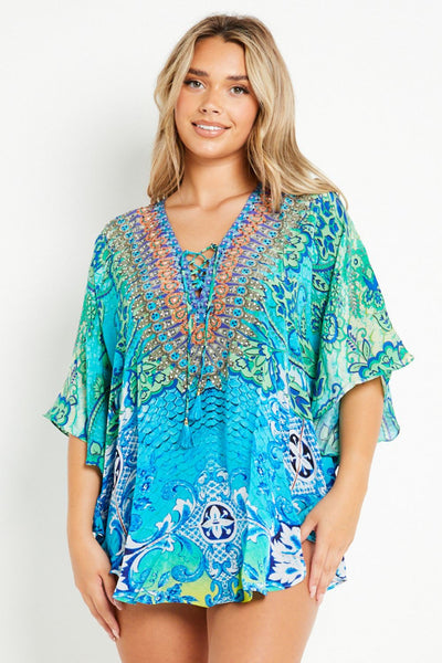 Aqua Blue Floral Short Beach Dress Kaftan