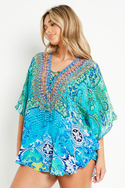 Aqua Blue Floral Short Beach Dress Kaftan