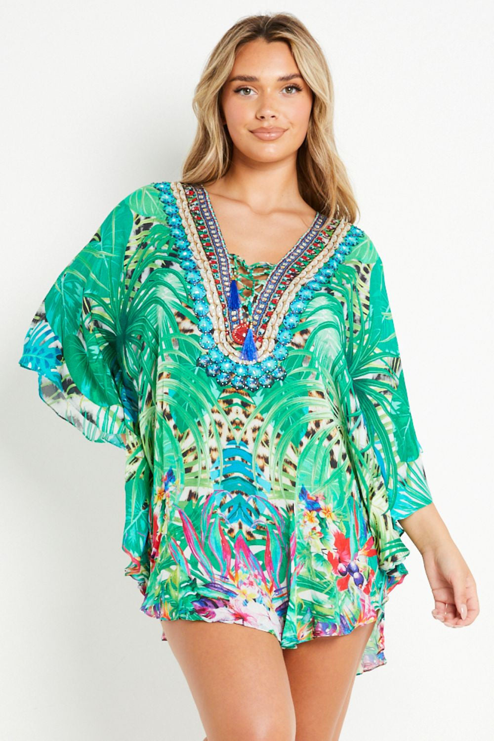 Tropical Green Short Beach Dress Kaftan