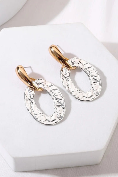 Gold and Silver Tone Hammered Oval Earrings