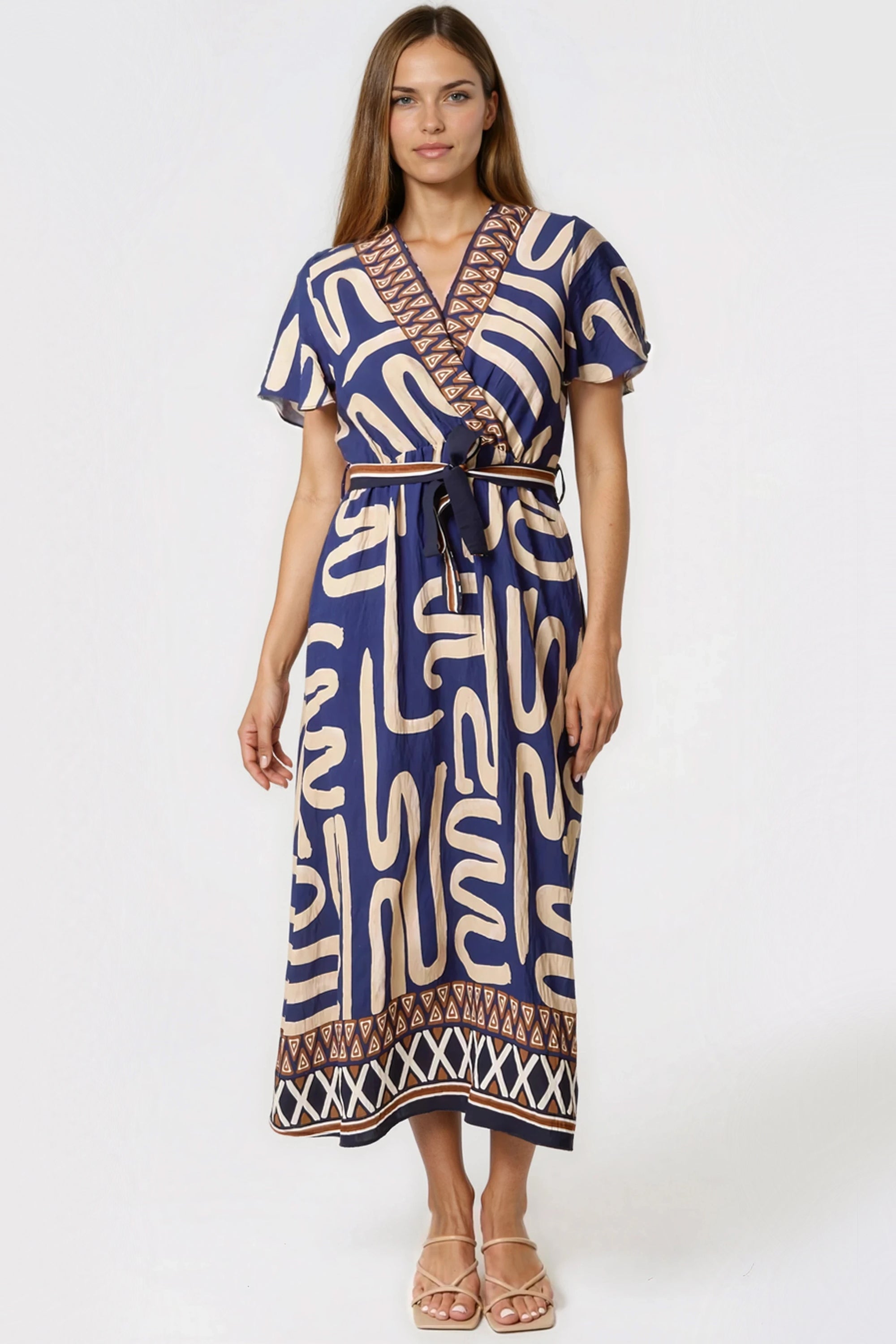 Navy Abstract Print Wrap Midi Dress