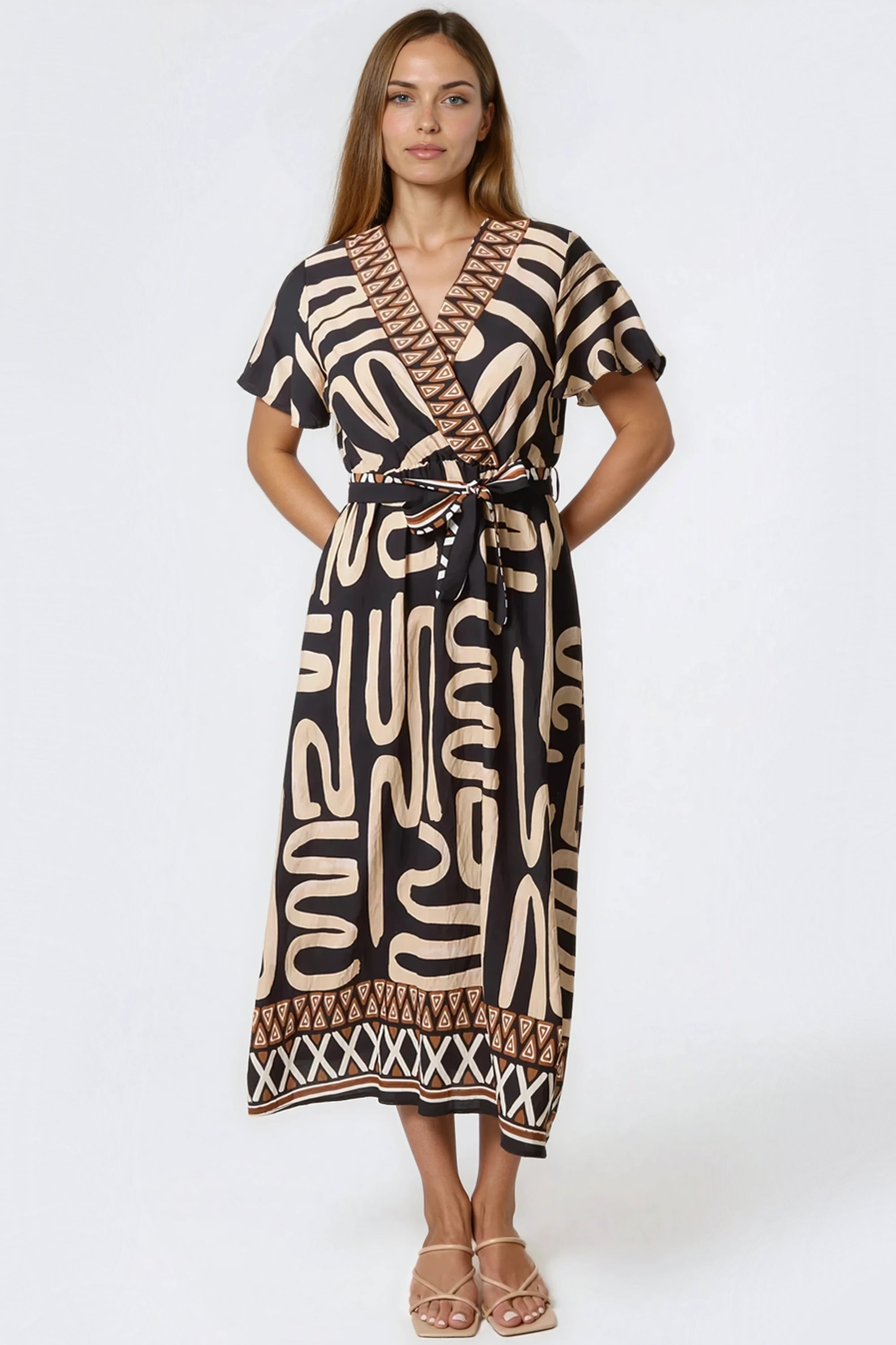 Black Abstract Print Wrap Midi Dress