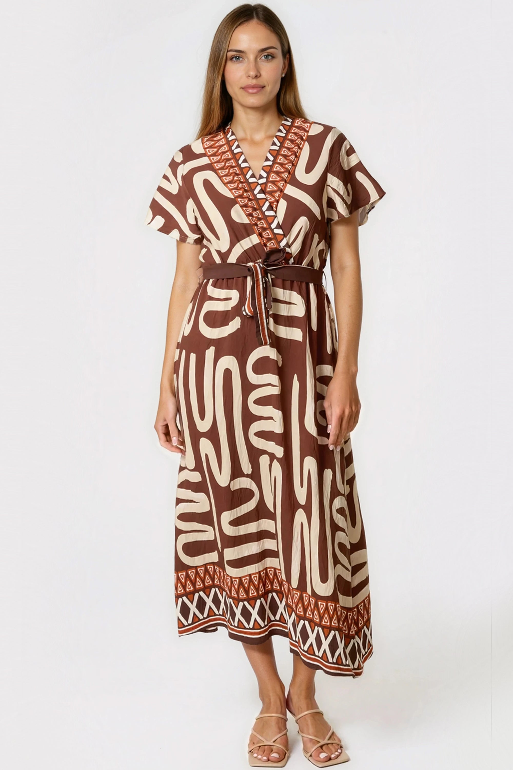 Brown Abstract Print Wrap Midi Dress