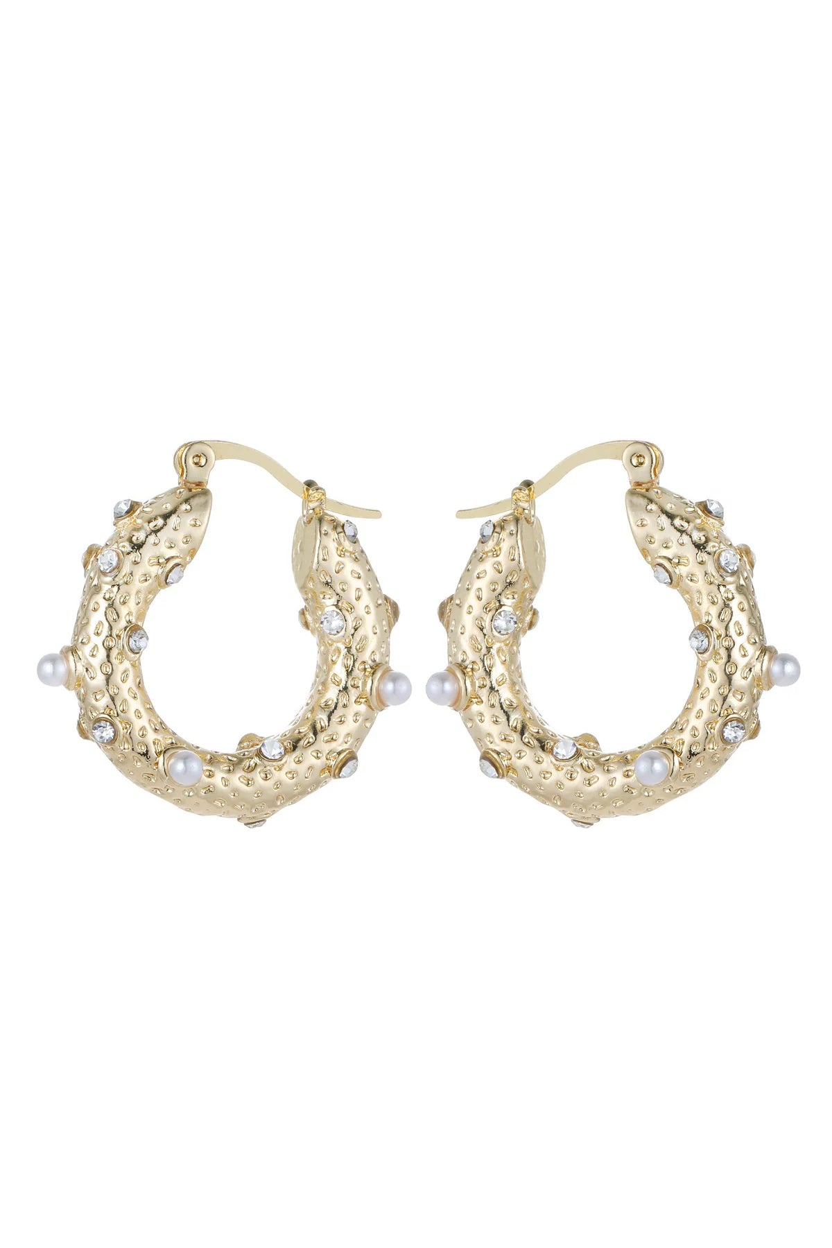 Gold Tone Small Pearl and Diamante Hoop Earrings
