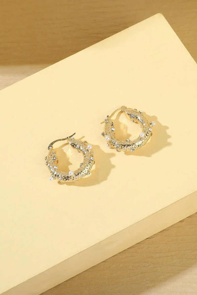 Gold Tone Small Pearl and Diamante Hoop Earrings