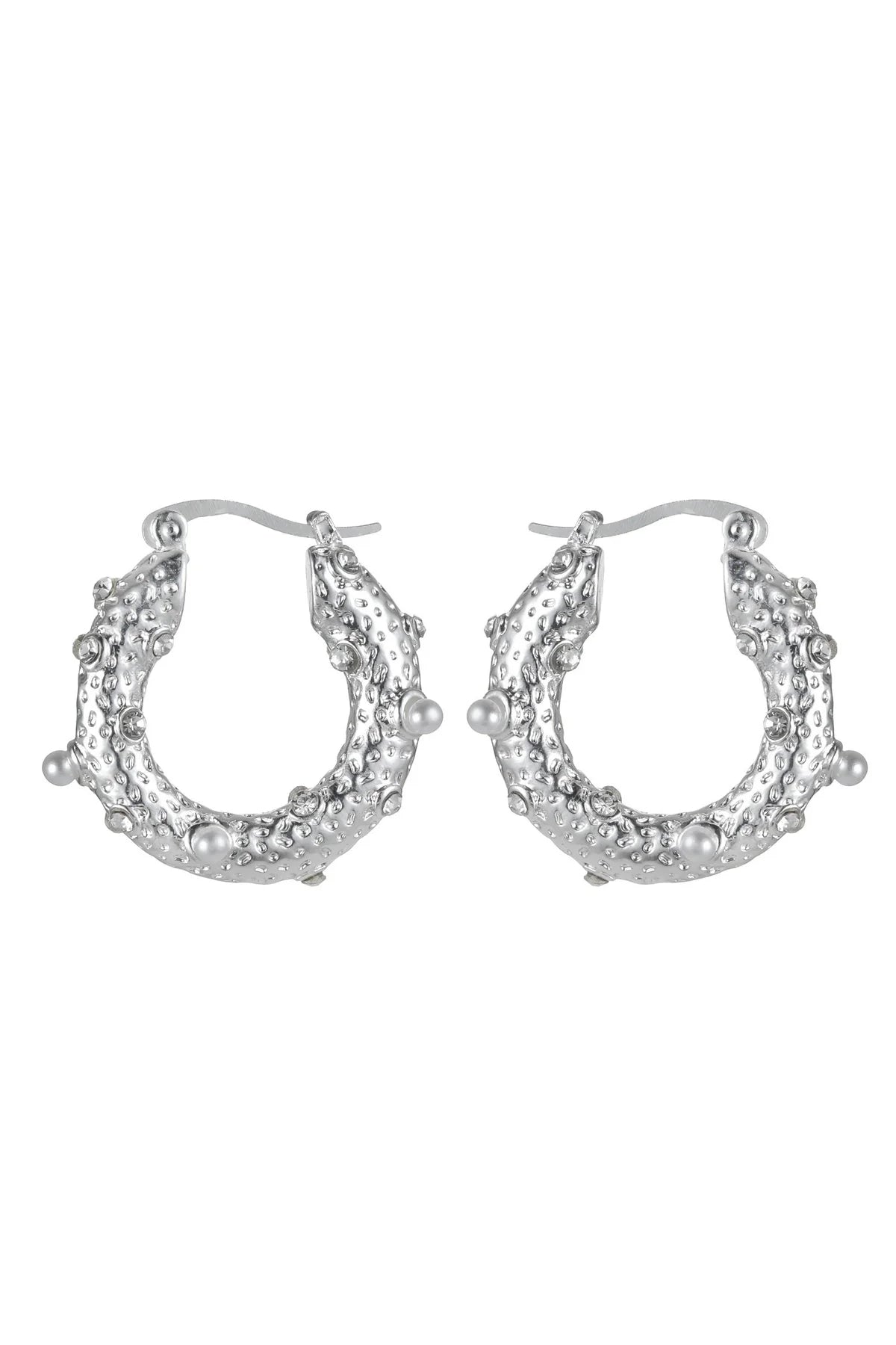 Silver Tone Small Pearl and Diamante Hoop Earrings