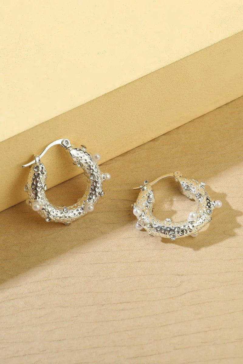 Silver Tone Small Pearl and Diamante Hoop Earrings