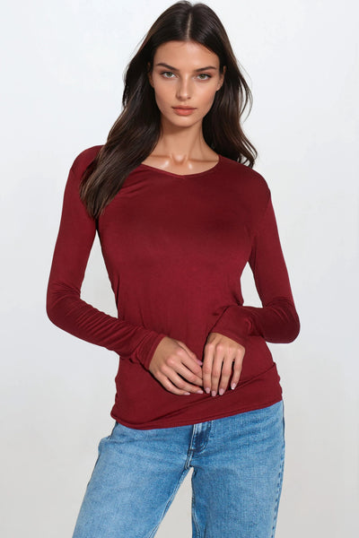 Wine V Neck Long Sleeve Top