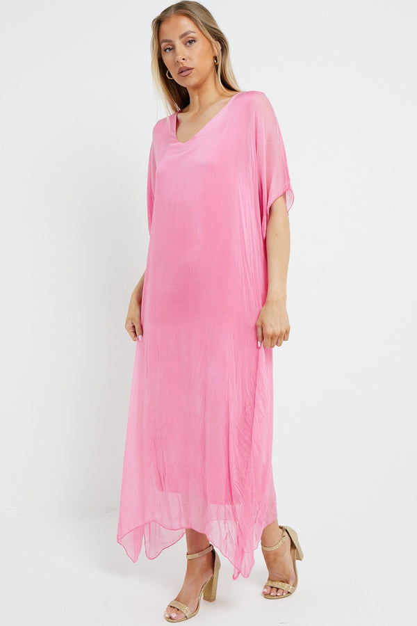 FUCHSIA PINK HAND BLOCK PRINTED KAFTAN DRESS