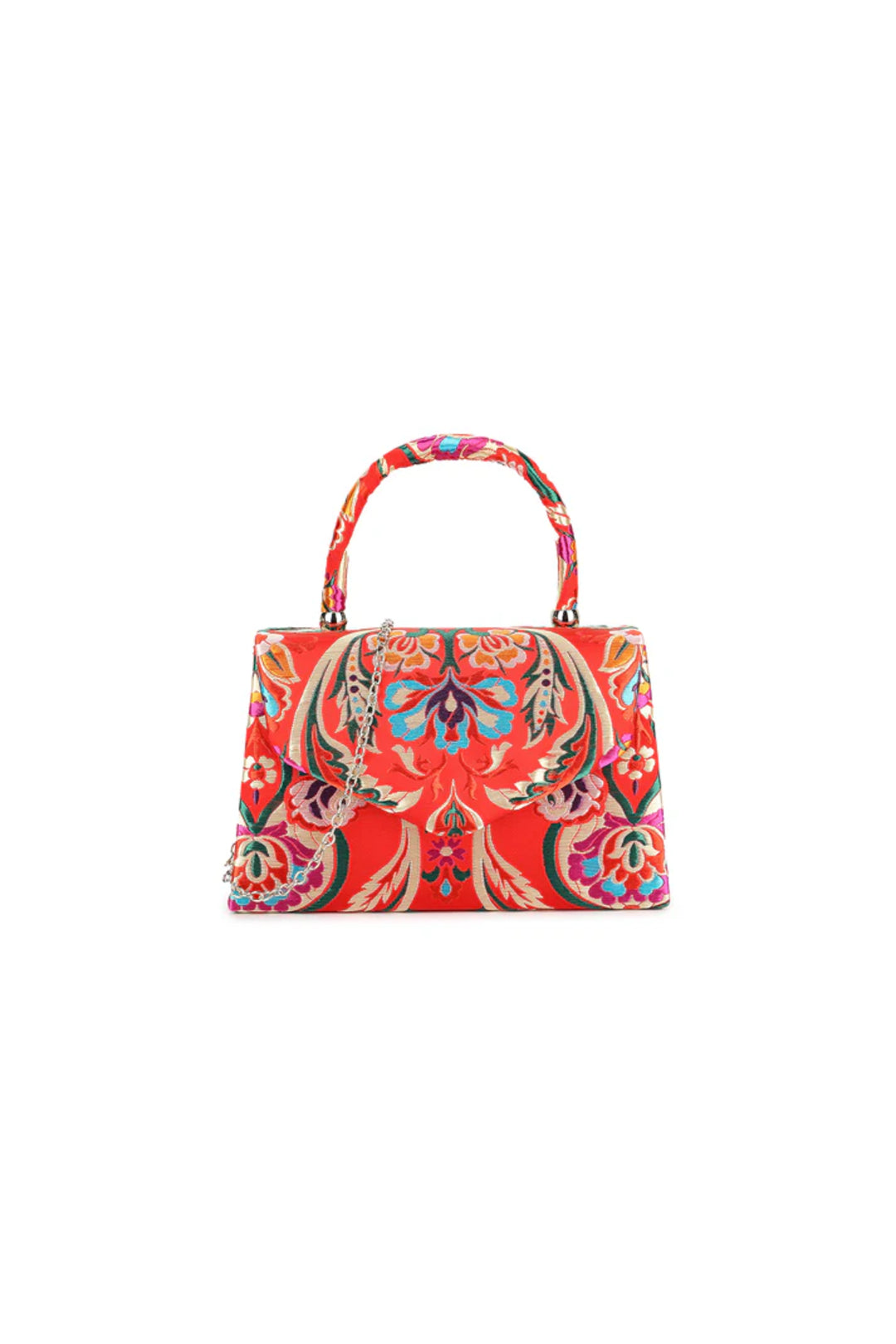 Red Floral Satin Small Top Handle Bag