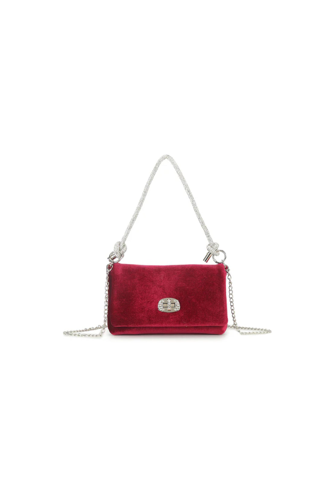 Cherry Red Velvet Small Evening Bag with Silver Knot Handle