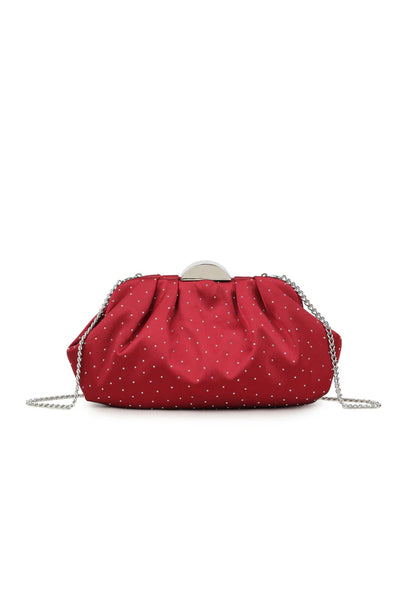 Cherry Red Embellished Satin Ruched Clutch Bag
