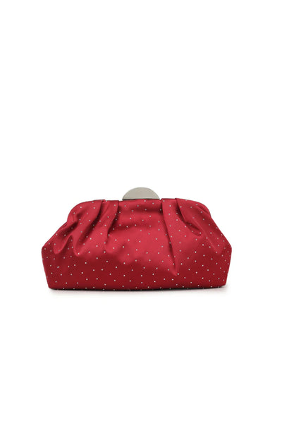 Cherry Red Embellished Satin Ruched Clutch Bag