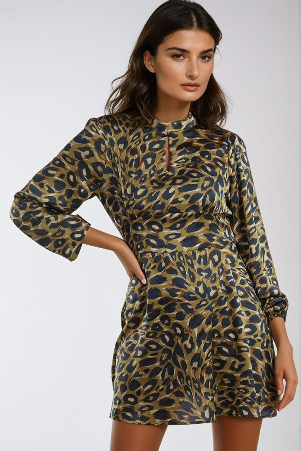 Khaki Animal High Neck Keyhole Mini Dress