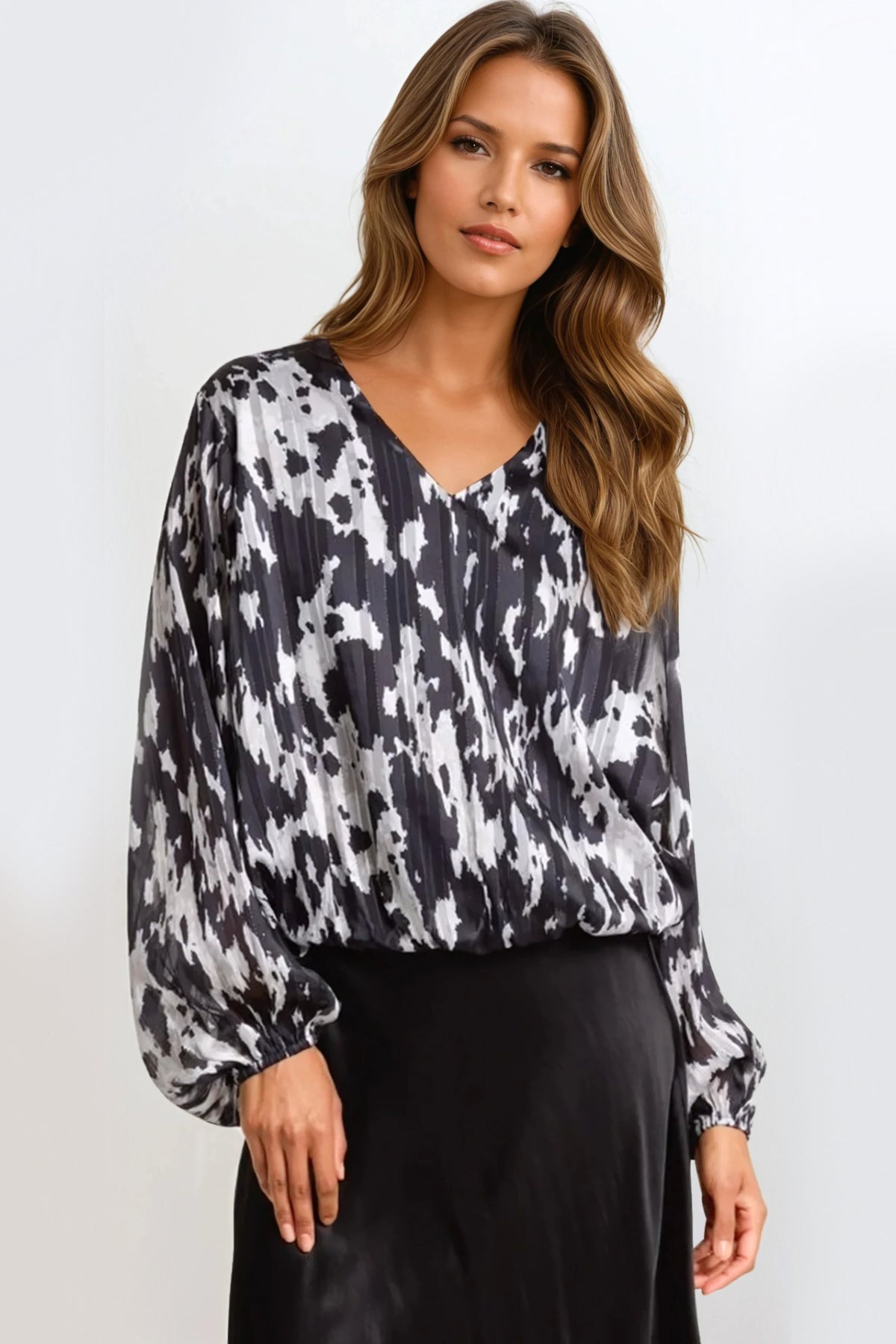 Black Animal Print V Neck Blouse