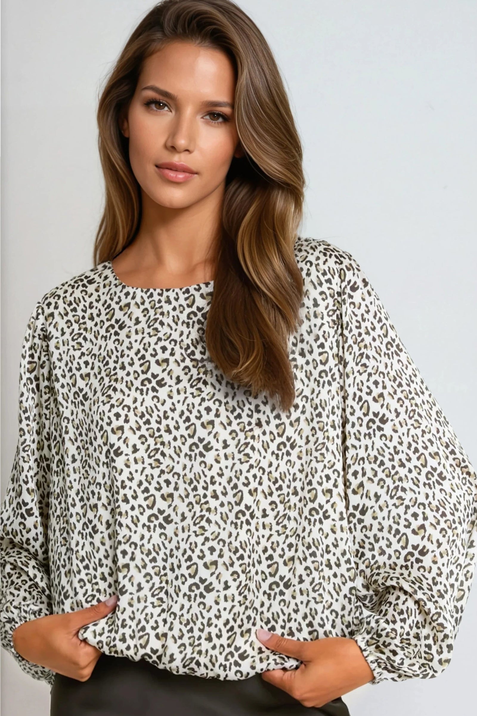 Khaki Leopard Print Round Neck Top