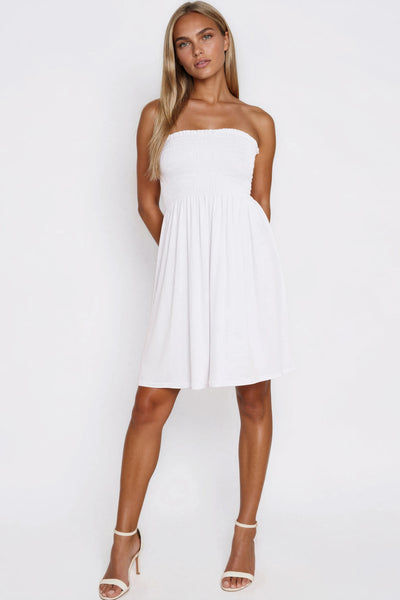 White Shirred Bandeau Mini Dress