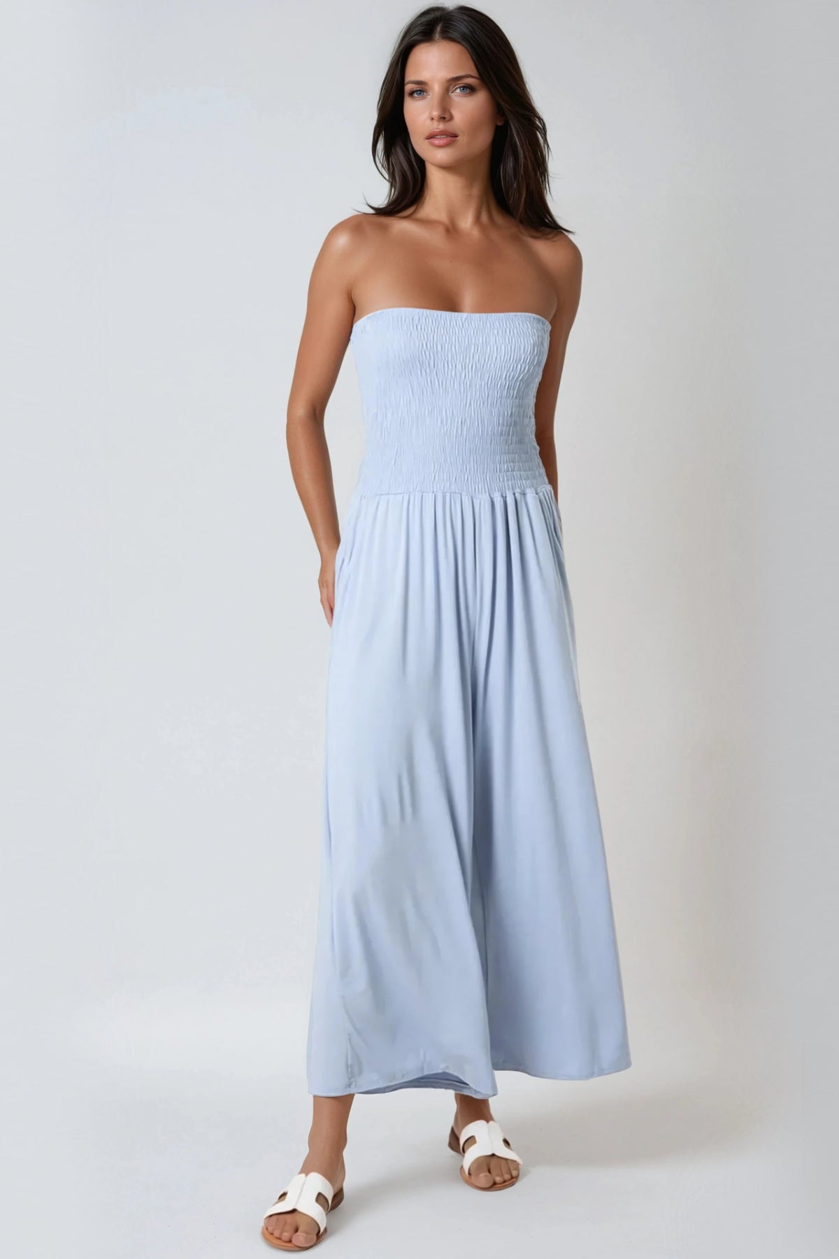 Light Blue Bandeau Shirred Jumpsuit