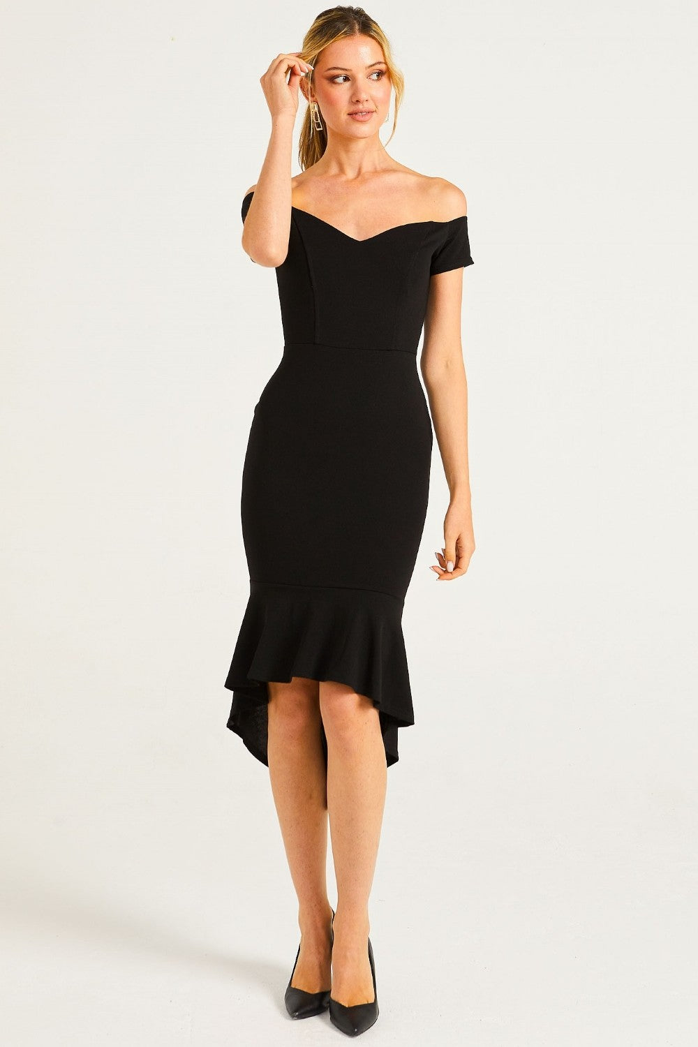 Black Bardot Bodycon Midi Dress