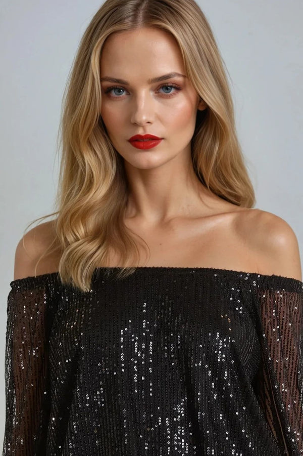 Black Sequin Long Sleeve Bardot Top Aftershock London