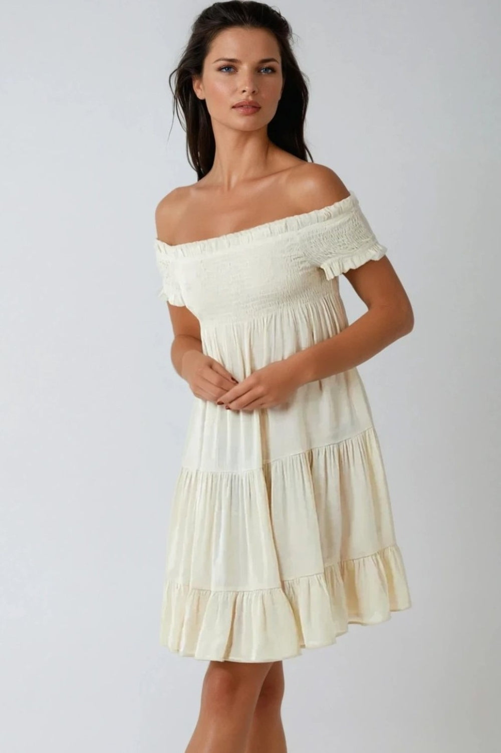 beige shirred dress Beige Shirred Bodice Scoop Neck Minidress Linen Blend