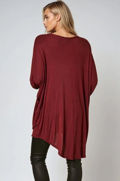 Wine Oversized Batwing High Low Top