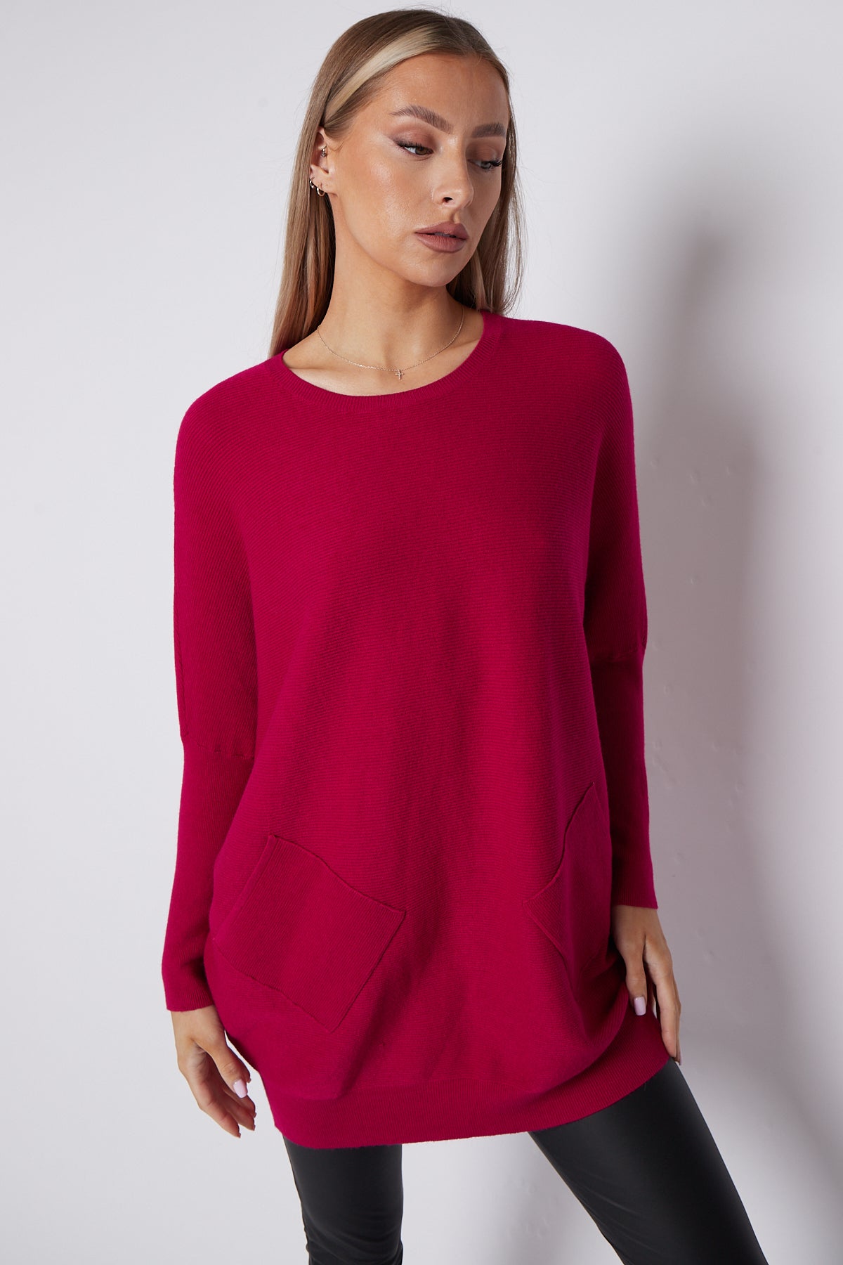 Fuchsia Batwing Sleeve Jumper with Pockets