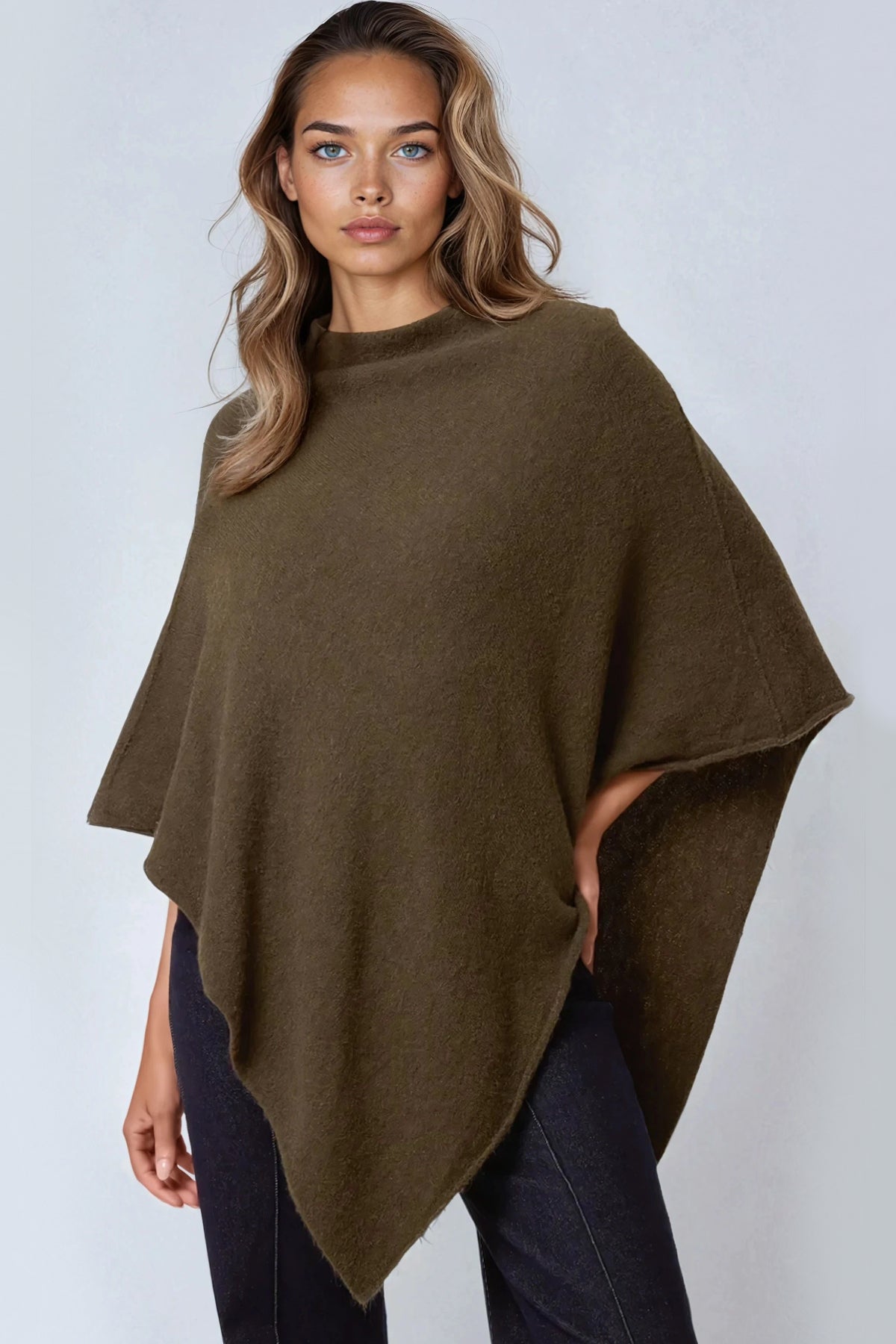 Khaki Asymmetric Hem Poncho