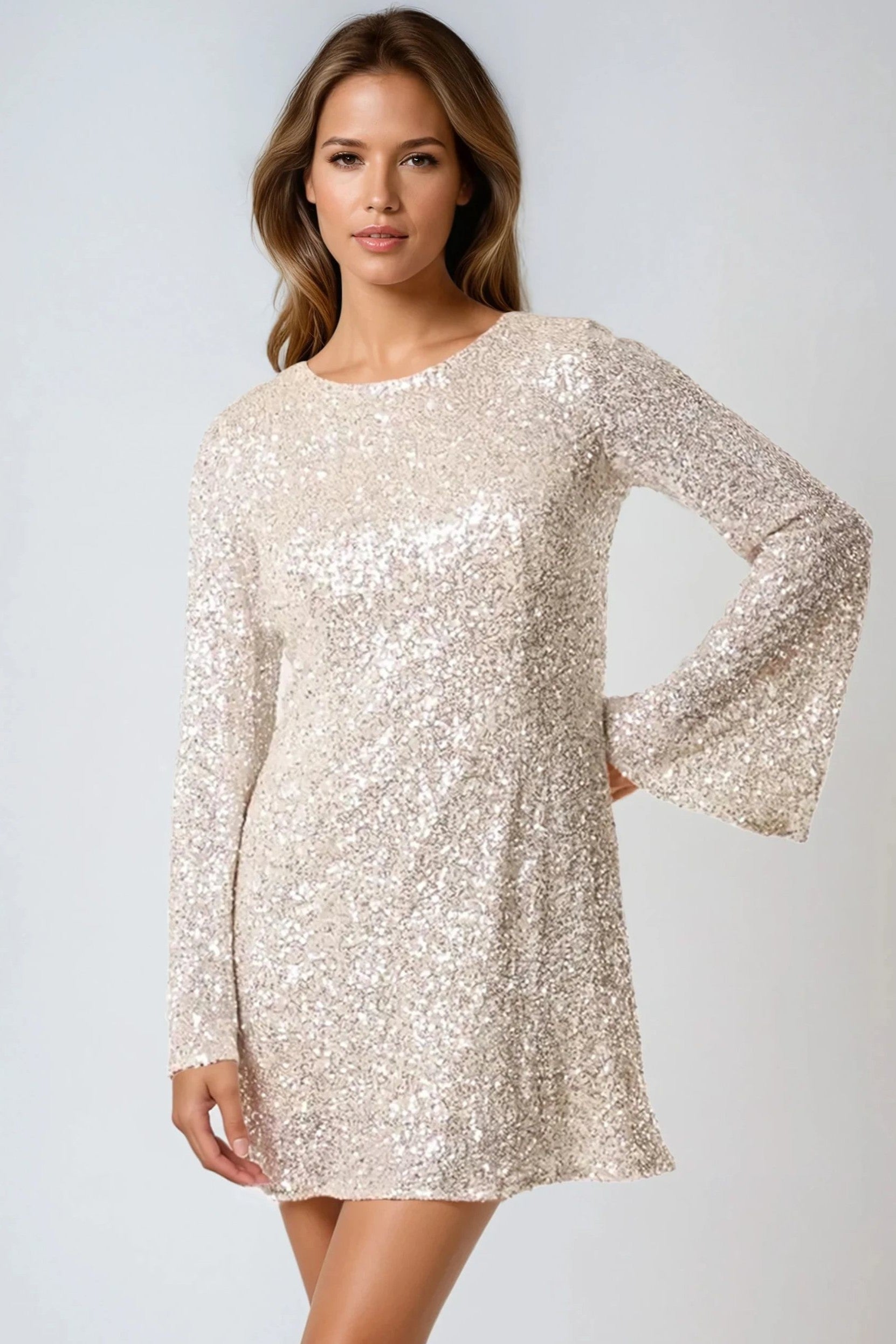 sachin and babi light blue dress Marienne Champagne Sequin Long Sleeve Mini Dress main image 0