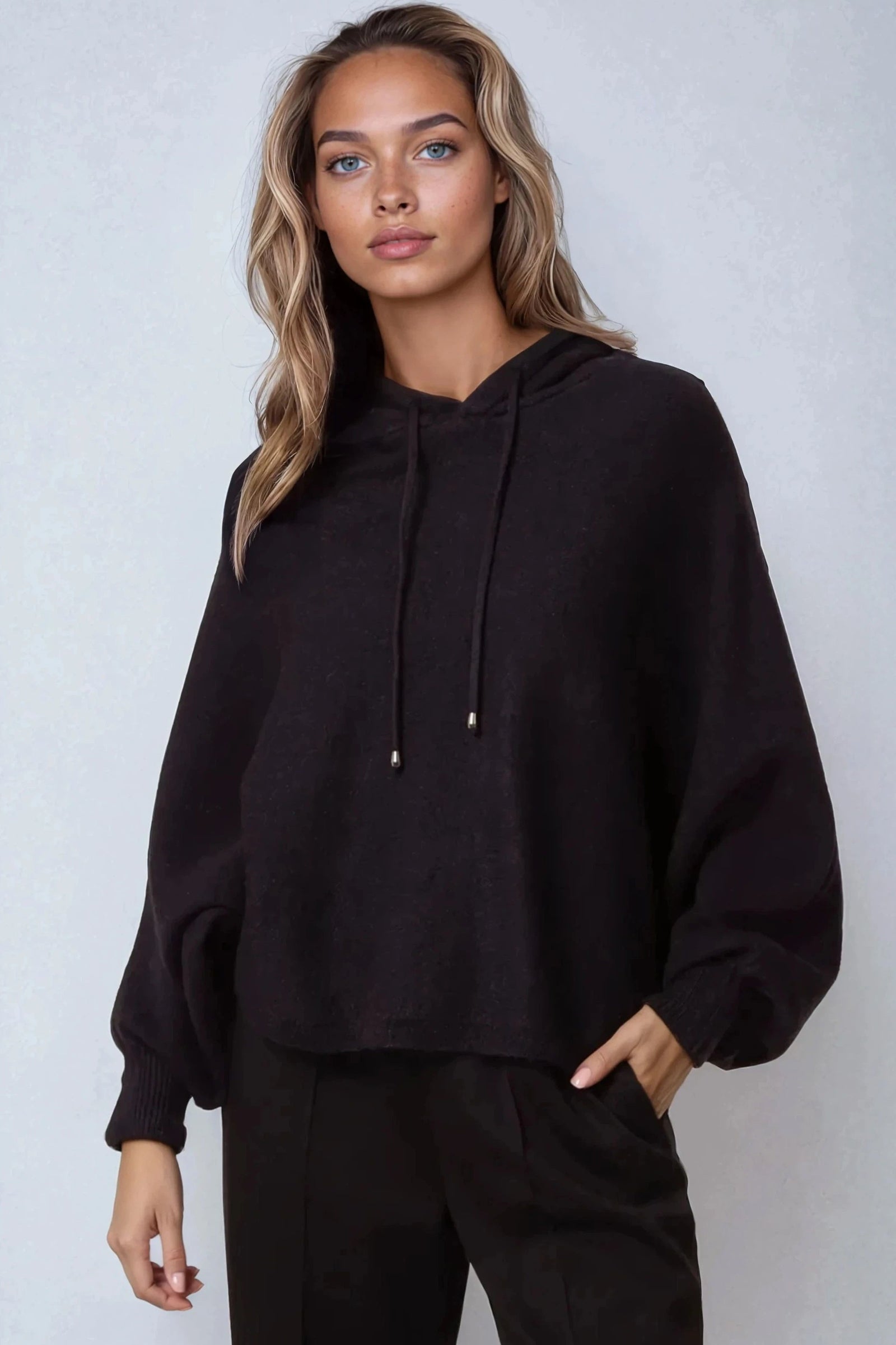 Black Boxy Knit Hoodie