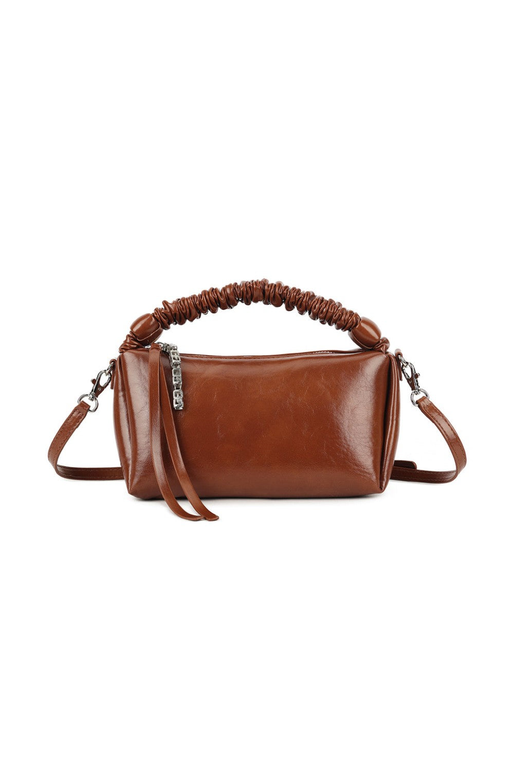 Brown Ruched Top Handle Bag