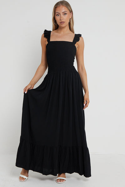 Black Shirred Maxi Dress With Frill