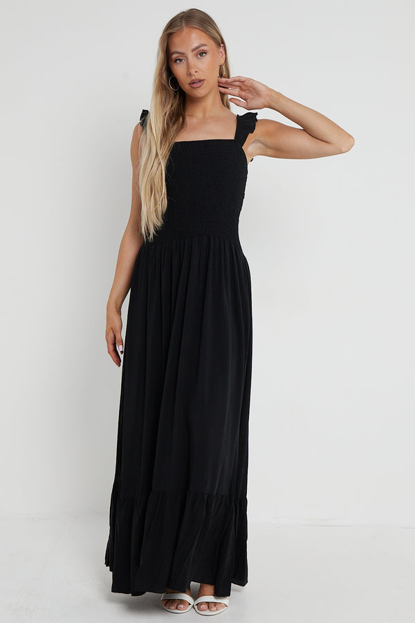Black Shirred Maxi Dress With Frill - Aftershock London