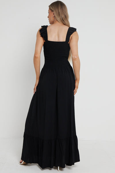 Black Shirred Maxi Dress With Frill