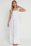 White Shirred Maxi Dress With Frill