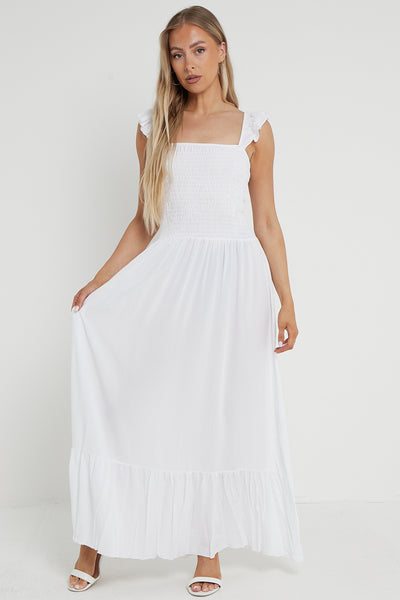 White Shirred Maxi Dress With Frill