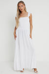 White Shirred Maxi Dress With Frill