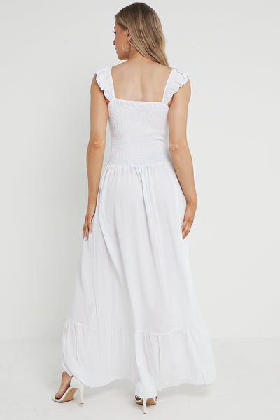 White Shirred Maxi Dress With Frill