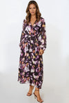 Black Abstract Print Wrap Midi Dress