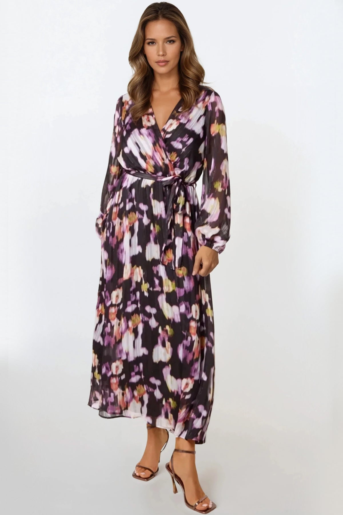 Black Abstract Print Wrap Midi Dress