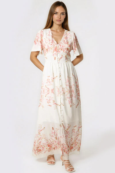 Pink Blossom  Button Through Cotton Maxi Dress