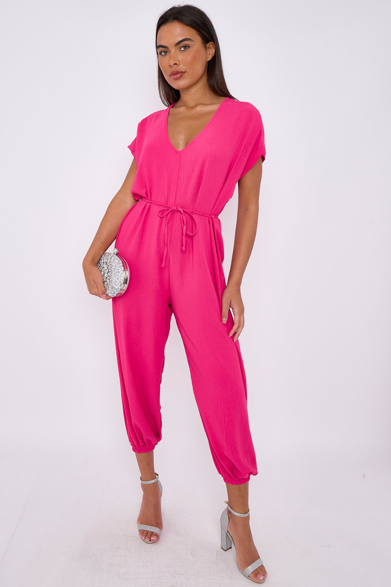 Fuchsia V-Neck Belted Jumpsuit