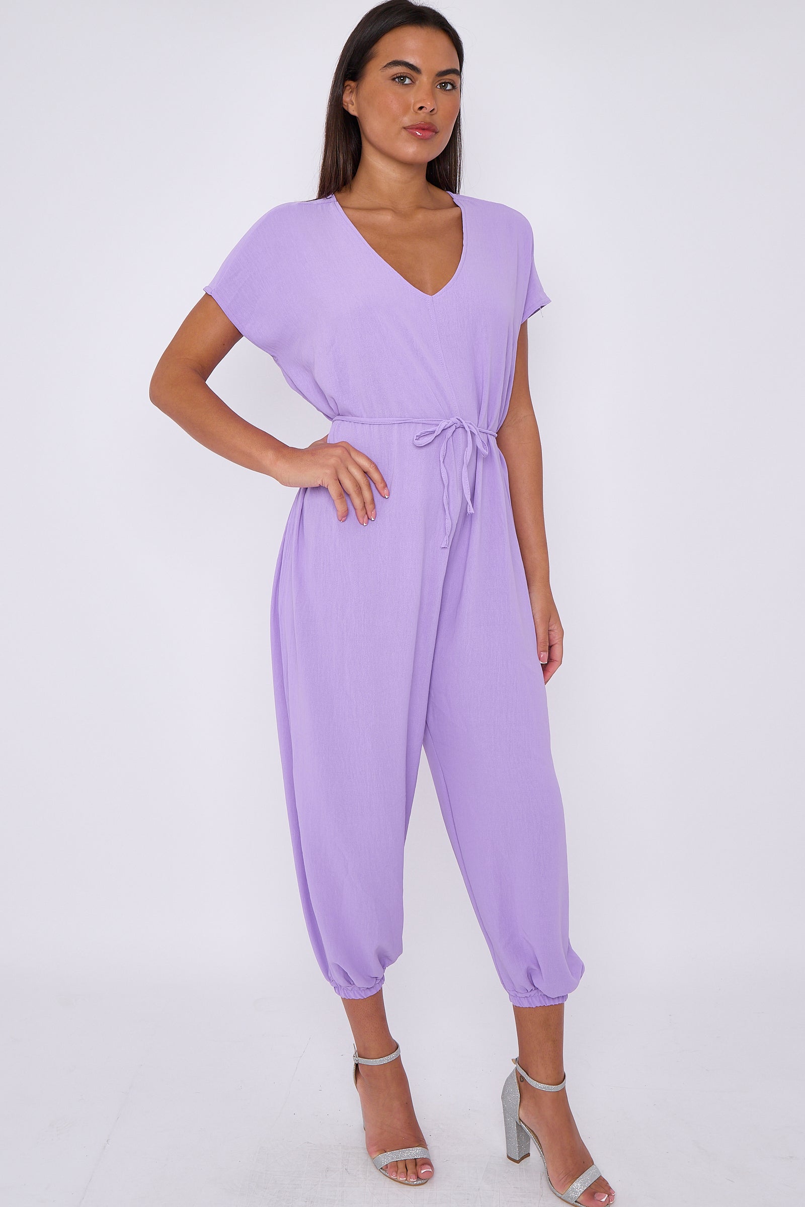 Lilac V-Neck Belted Jumpsuit