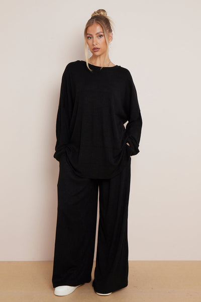 Black Ribbed Knit Loungewear Set