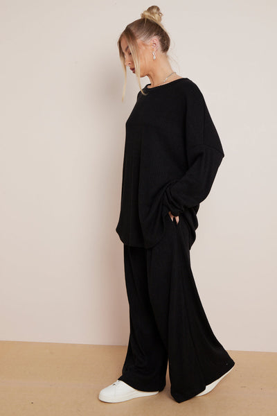 Black Ribbed Knit Loungewear Set