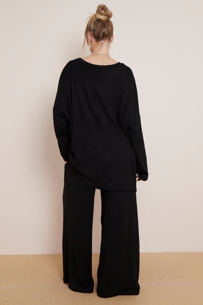 Black Ribbed Knit Loungewear Set