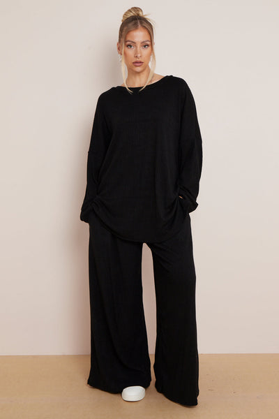 Black Ribbed Knit Loungewear Set