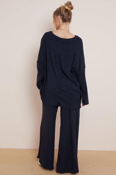 Navy Ribbed Knit Loungewear Set