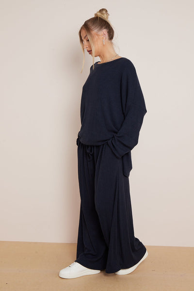 Navy Ribbed Knit Loungewear Set
