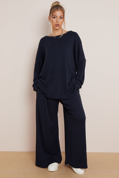 Navy Ribbed Knit Loungewear Set